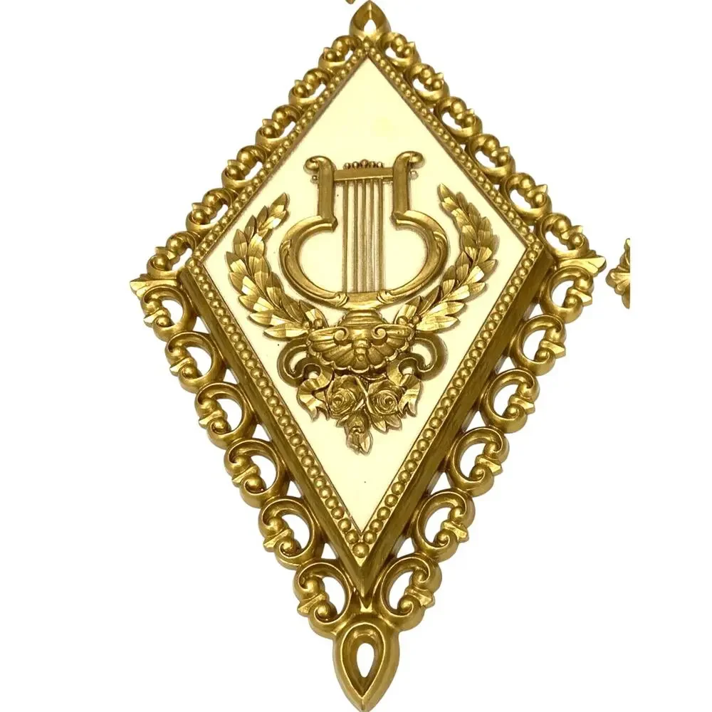 Vintage Homco Diamond Shaped Wall Hangings Set of 4 USA Gold & Cream Ornate